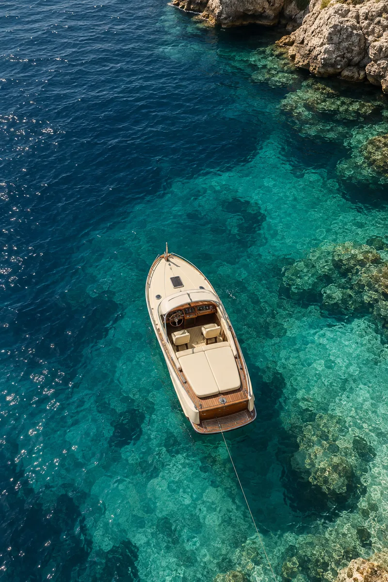 Le bateau Alizé au mouillage dans une eau transparente