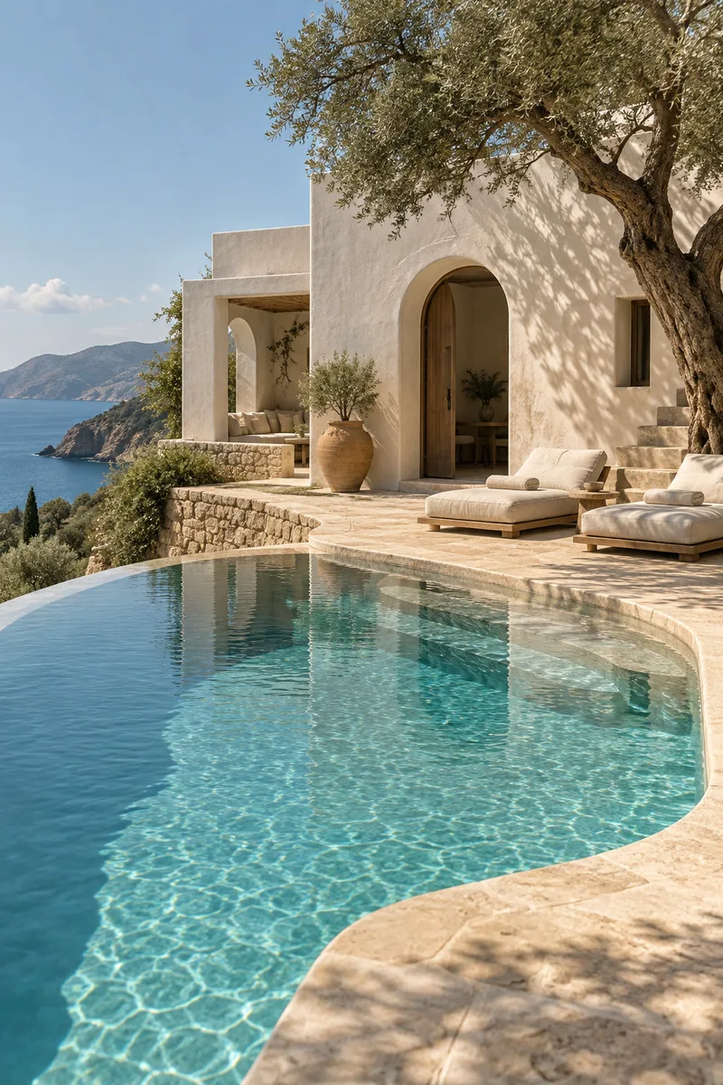 Piscine courbe et villa blanche de Casa Noma, un refuge imaginaire